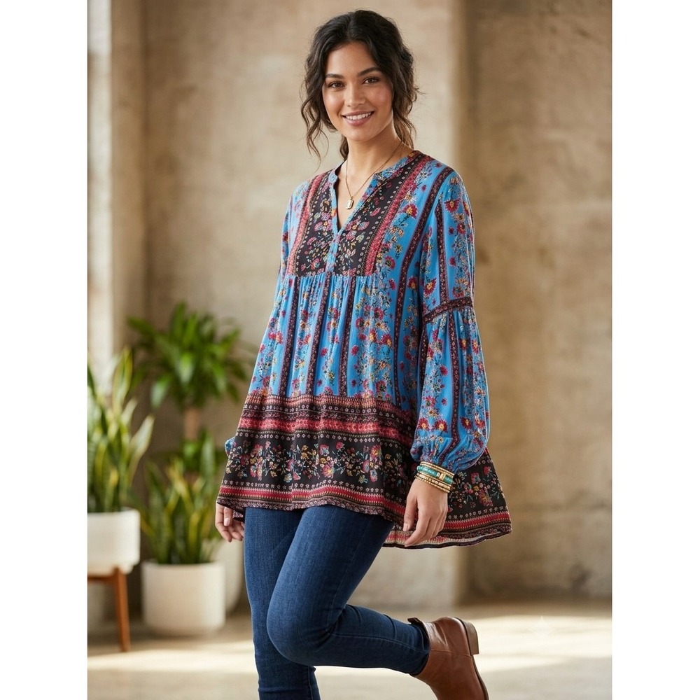 NWT Top Boho Blue Floral Black Festival Peasant Oversized Cottagecore L Lolla P